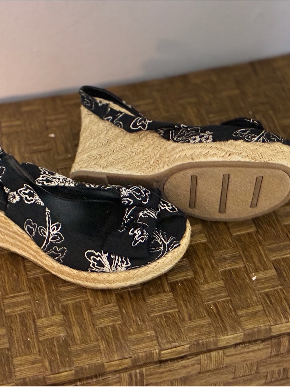 Black Floral Print Wedge Espadrille Sandals